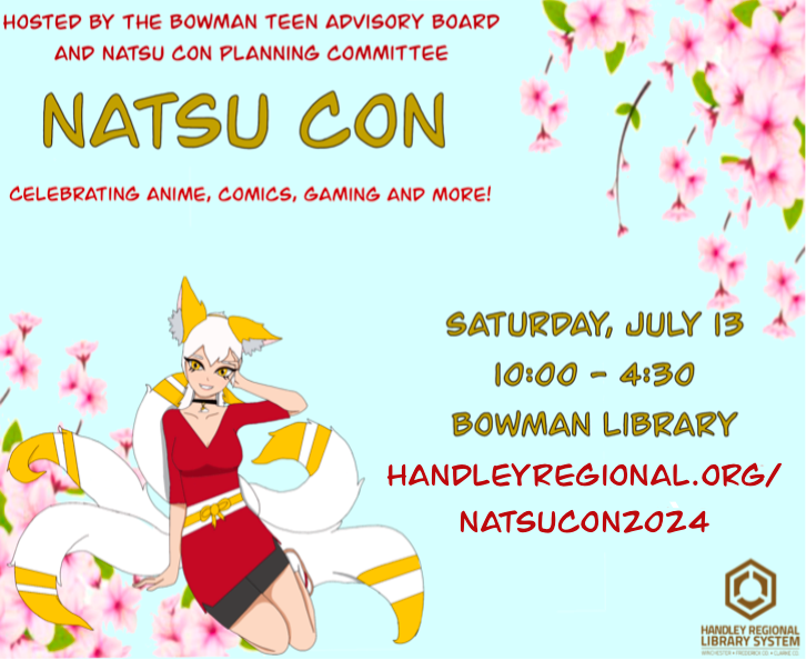Natsu Con 2024 Poster with anime character and cherry blossoms July 13 10am to 4:30pm