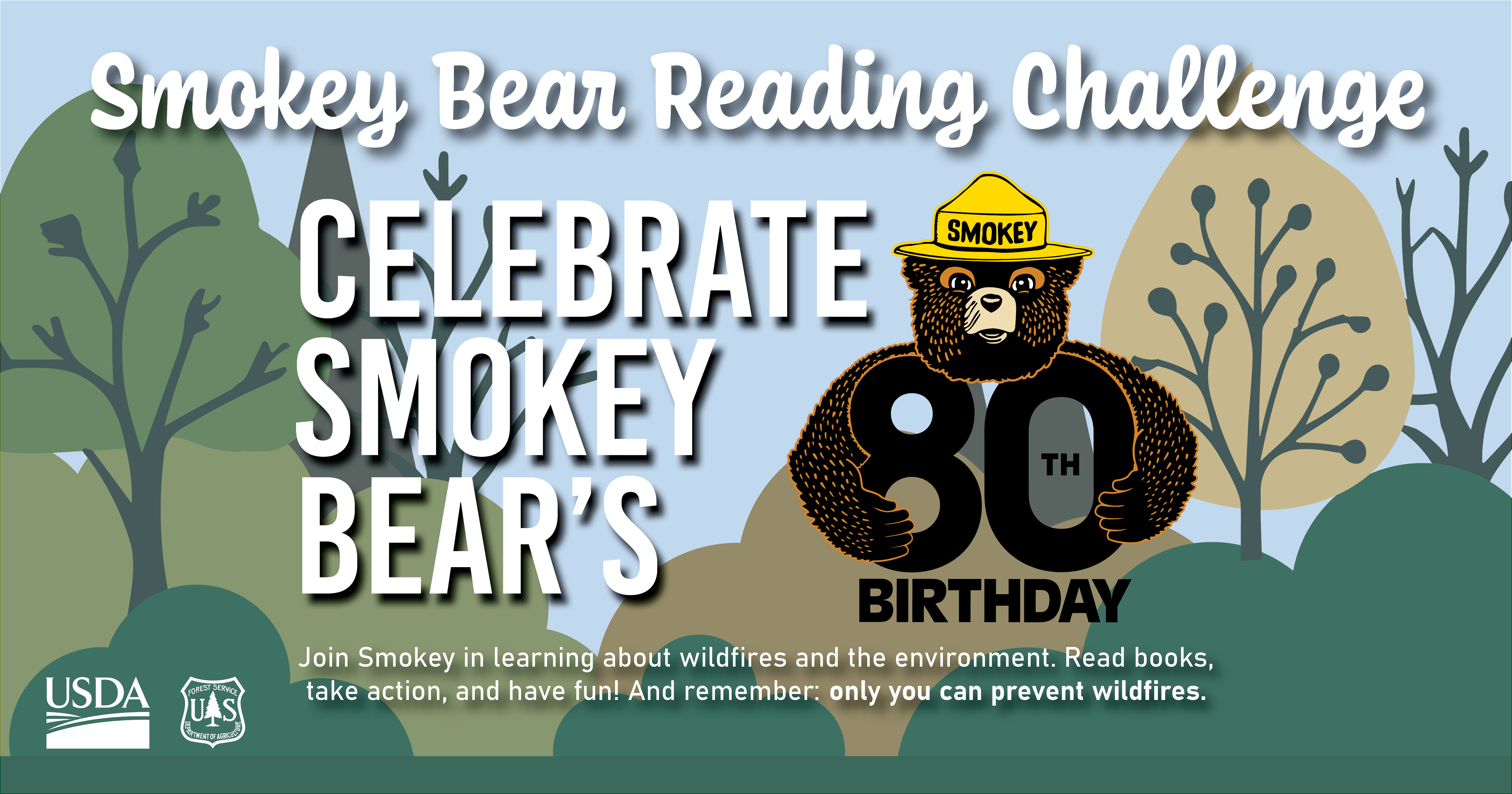 Poster for the Smokey Bear Reading Challenge. Reads "Celebrate Smokey Bear's 80th Birthday. Join Smokey in learning about wildfires and the environment. Read books, take action, and have fun. And remember: only you can prevent wildfires." Background is a cartoon forest.