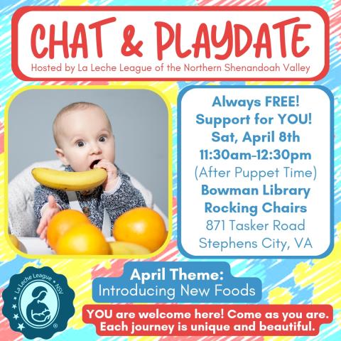 Colorful promotional poster for Chat and Playdate featuring a baby trying to eat a banana.