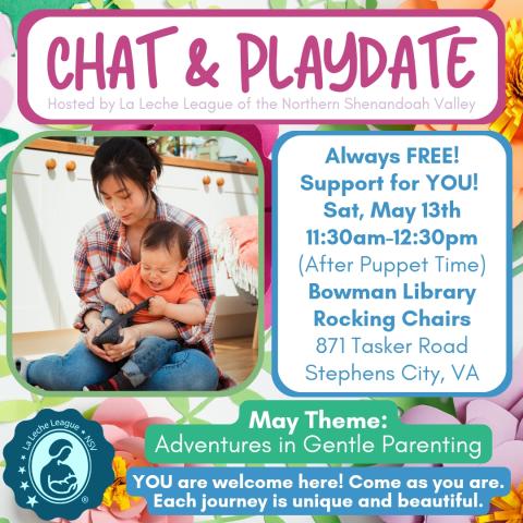 Colorful Chat and Playdate promotional poster featuring a mother and frustrated baby.