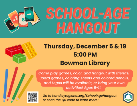 School Age Hangout poster with cards, Legos, and colored pencils