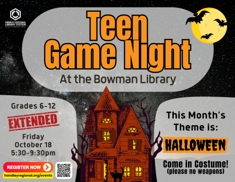 Teen Game Night Halloween Themed Poster with haunted house and bats flying around the moon