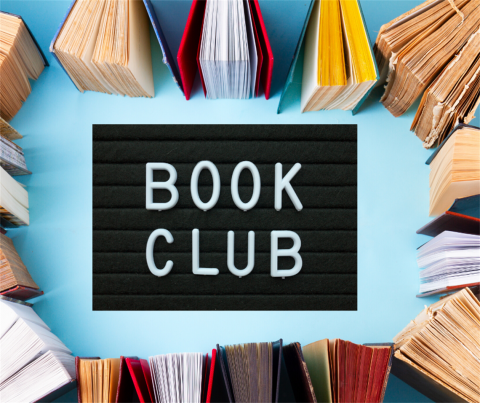 a small sign with the words book club on it surrounded by images of books