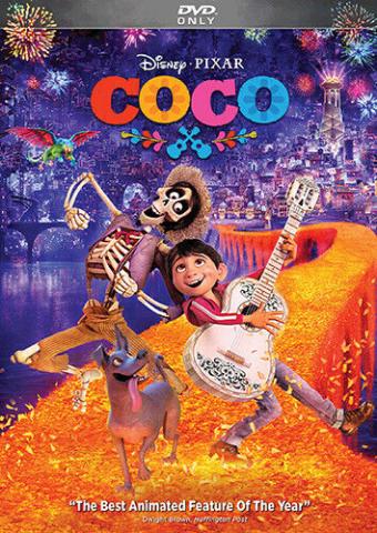 Coco DVD cover with skeleton dancing with child playing a guitar