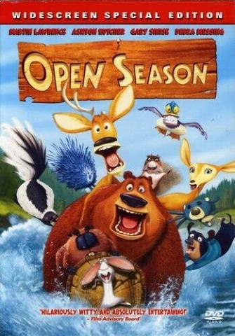 Open Season DVD cover with forest animals in rapids