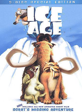 Ice Age DVD cover with a mammoth, sabretooth tiger and sloth standing in front of an iceberg and smiling