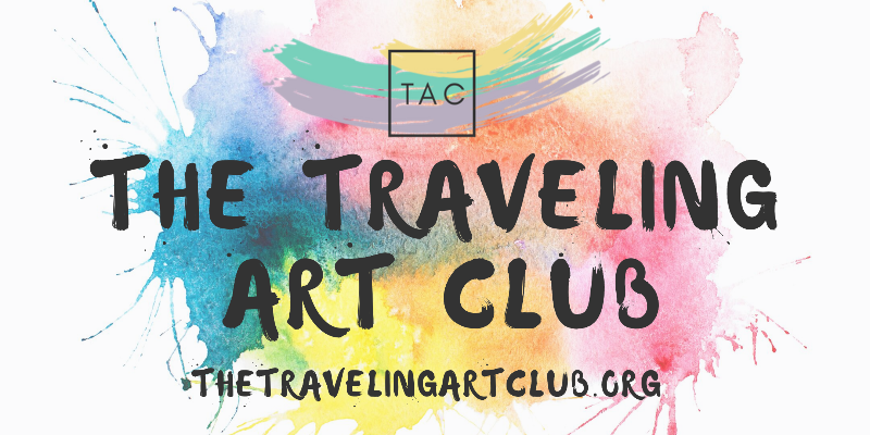The Traveling Art Club text on a background of paint splotches