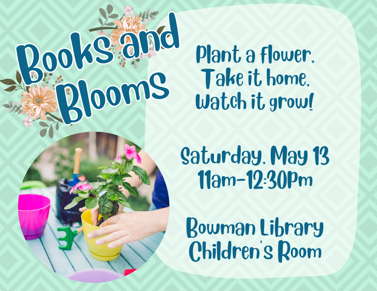 Books and Blooms promotional poster with an image of someone planting a pink flower in a yellow pot