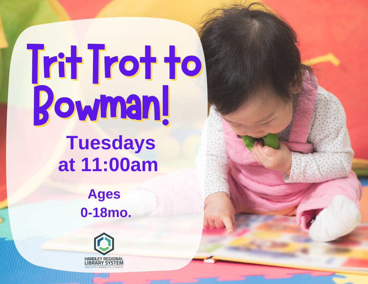 Colorful Trit Trot to Bowman promotional poster with a baby looking at a book