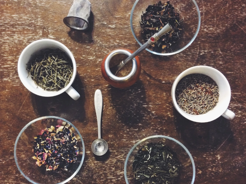 Cups with tea leaves on a table