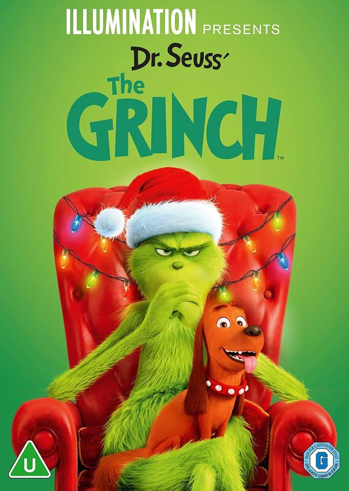 The Grinch DVD cover with a grumpy faced Grinch with happy dog Max sitting in an armchair